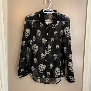 NWT Black Goth Skull Sheer Button Down Blouse Top Skeleton M